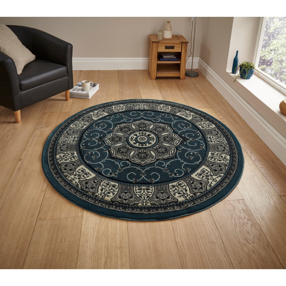 (Blue, 150cm Circle) Heritage Classic Floral Swirl Pattern Rug Wool Look Pile Home Mat