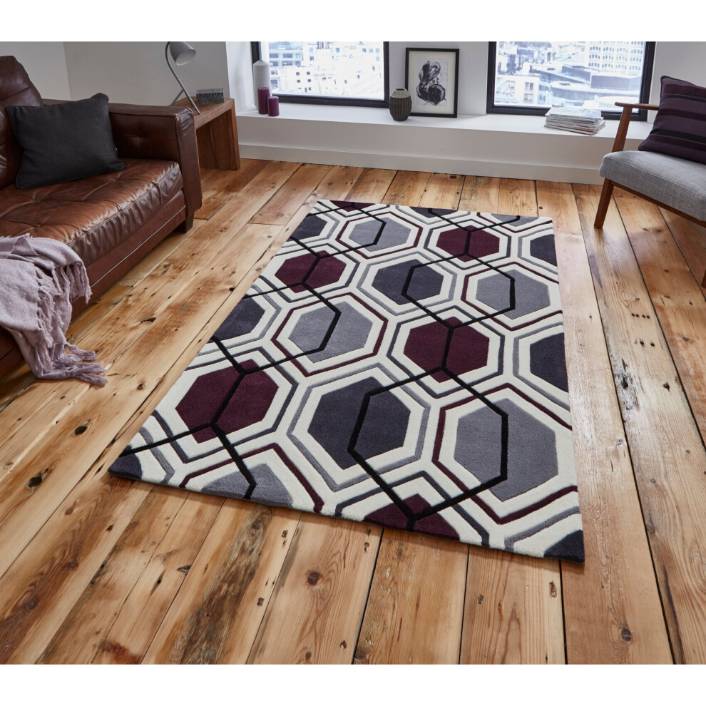 (Cream & Purple, 120cm x 170cm) Hong Kong Hexagon Rug Acrylic Hand Tufted Geometric Mat