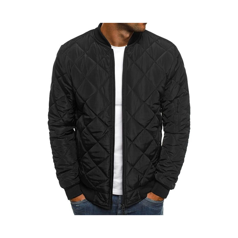 (Black, L) Quilted Men Padded Puffer Jacket Casual Zip Up Winter Warm Coat Bomber Outwear