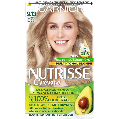 Garnier Nutrisse 9.13 Natural Light Ash Blonde Hair Dye - Nourishing Color Creme, Up to 100% Grey Coverage