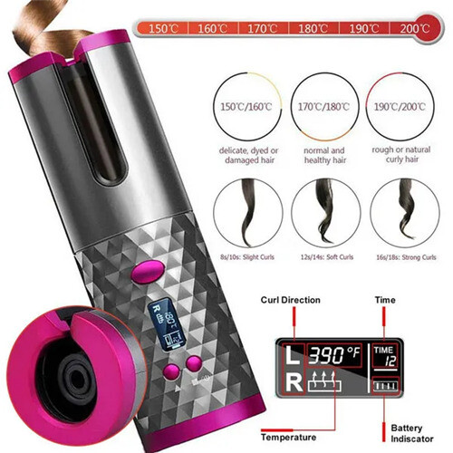 Ceramic Hair Curler LCD Display Cordless Rotating Waver Curling Iron 2