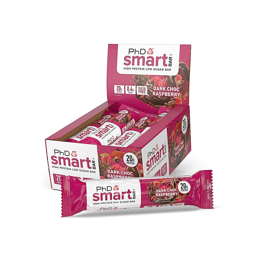 PhD Nutrition Smart Protein Bar, High Protein Low Sugar Protein Snacks, Dark Chocolate Raspberry Flavour, 20 g of Protein, 64 g Bar (12 Pack)
