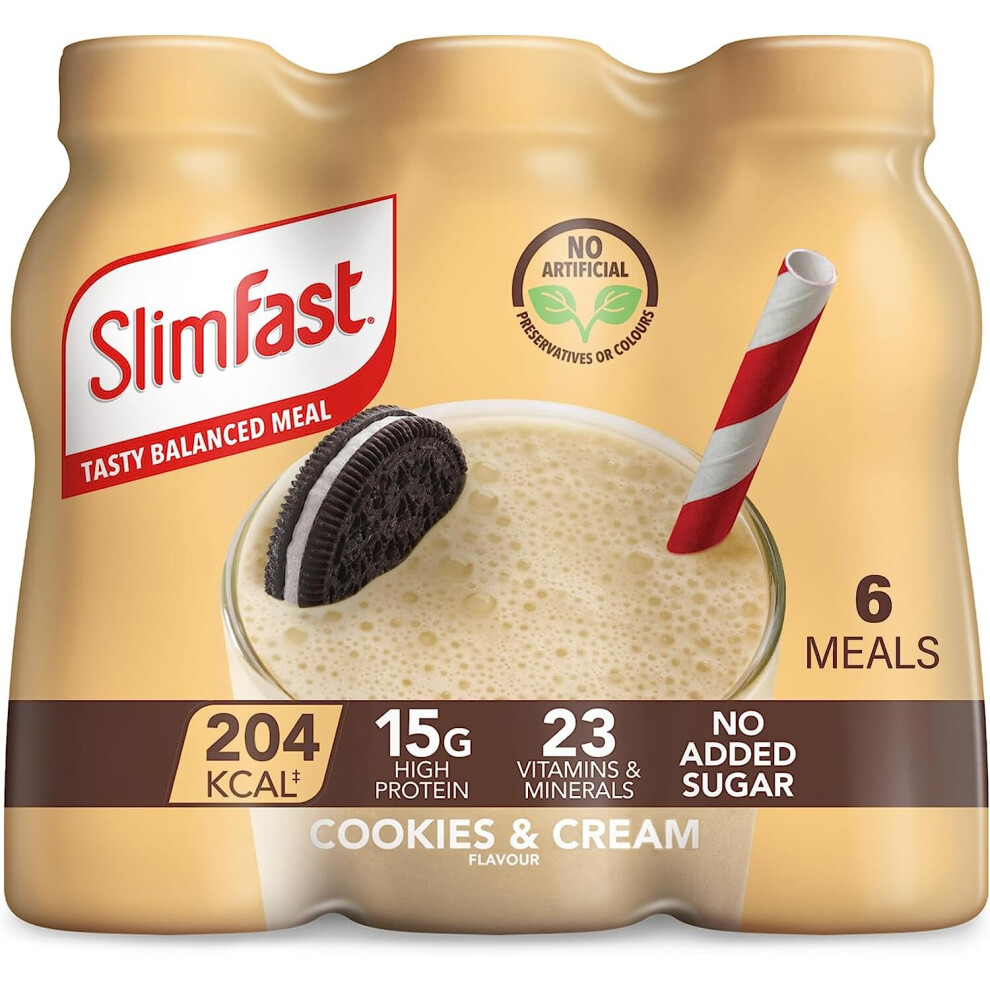 SlimFast Ready To Drink Shake, Tasty, Balanced Shake with Vitamins and Minerals, No Sugar, Cookies and Cream Flavour, 6 x 325 ml Multipack