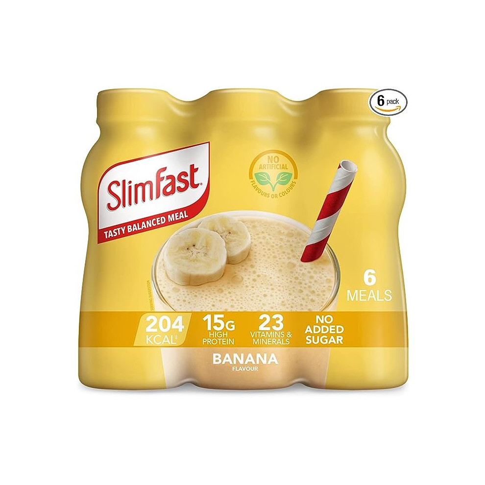 Slimfast Ready To Drink Shake, Tasty, Balanced Shake With 15G Protein, 23 Vitamins And Minerals And No Sugar, Banana Flavour, 6 X 325 Ml Multipack,