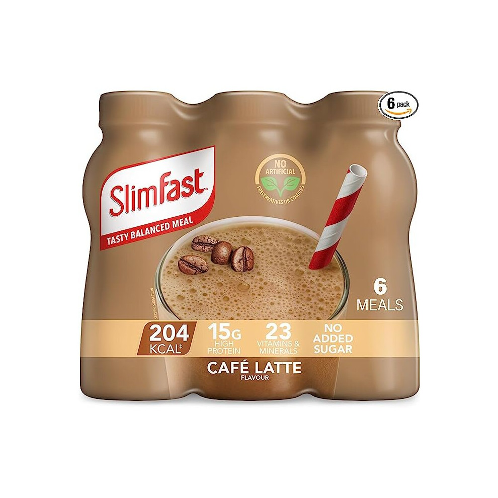 SlimFast Ready To Drink Shake, Tasty, Balanced Shake with 15g protein, 23 Vitamins and Minerals and No Sugar, Cafe Latte Flavour, 6 x 325 ml Multipack