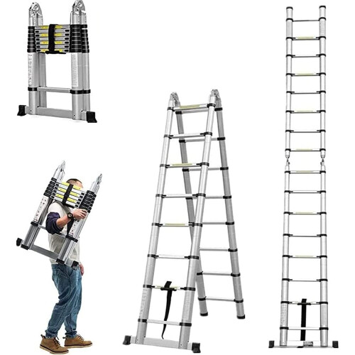 (5M Telescopic Ladder AFrame with Stabiliser Bar Multipurpose Folding Ladder) Telescopic