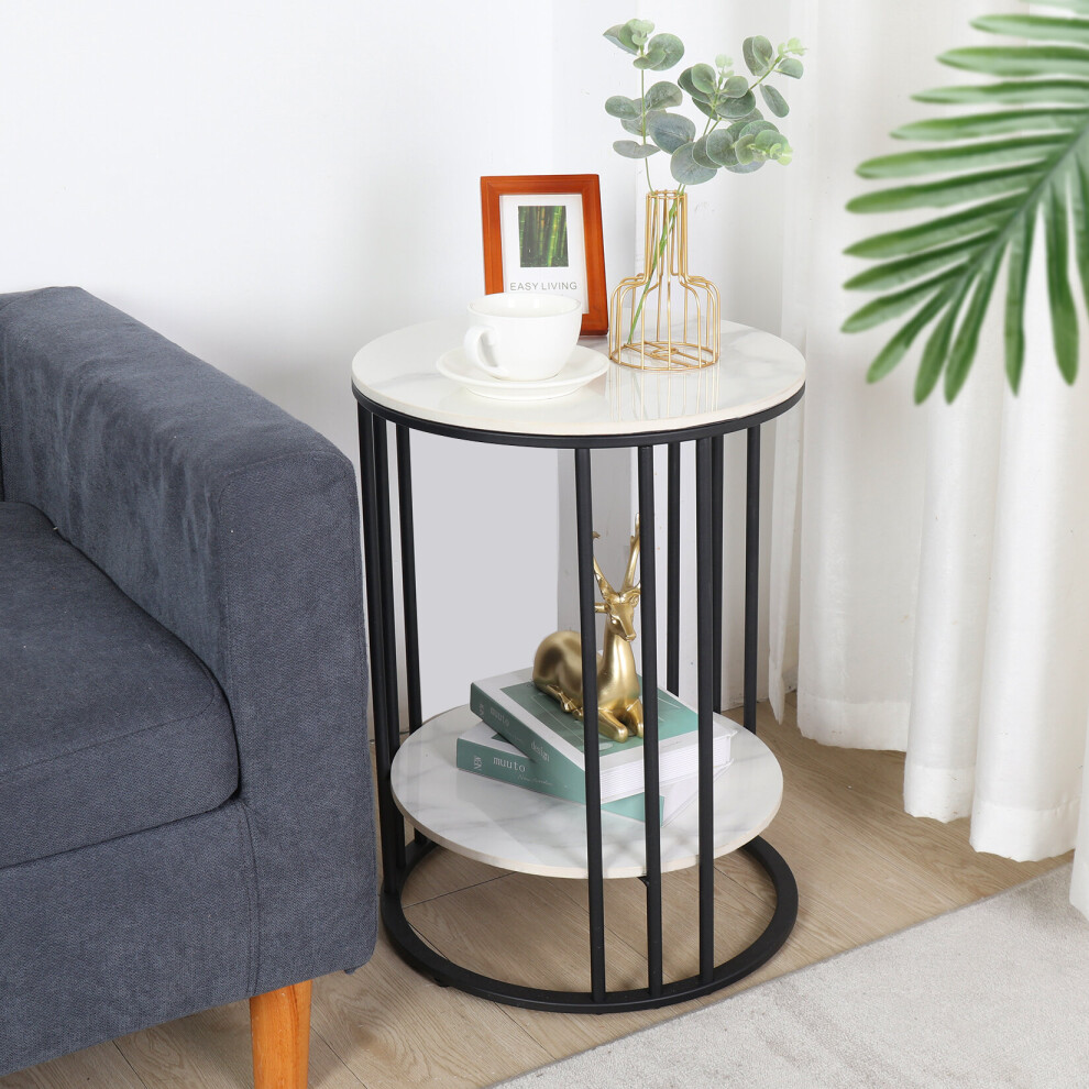 (Black Legs White Top,2 Tier) Marble Coffee Table Modern Round Side End Table