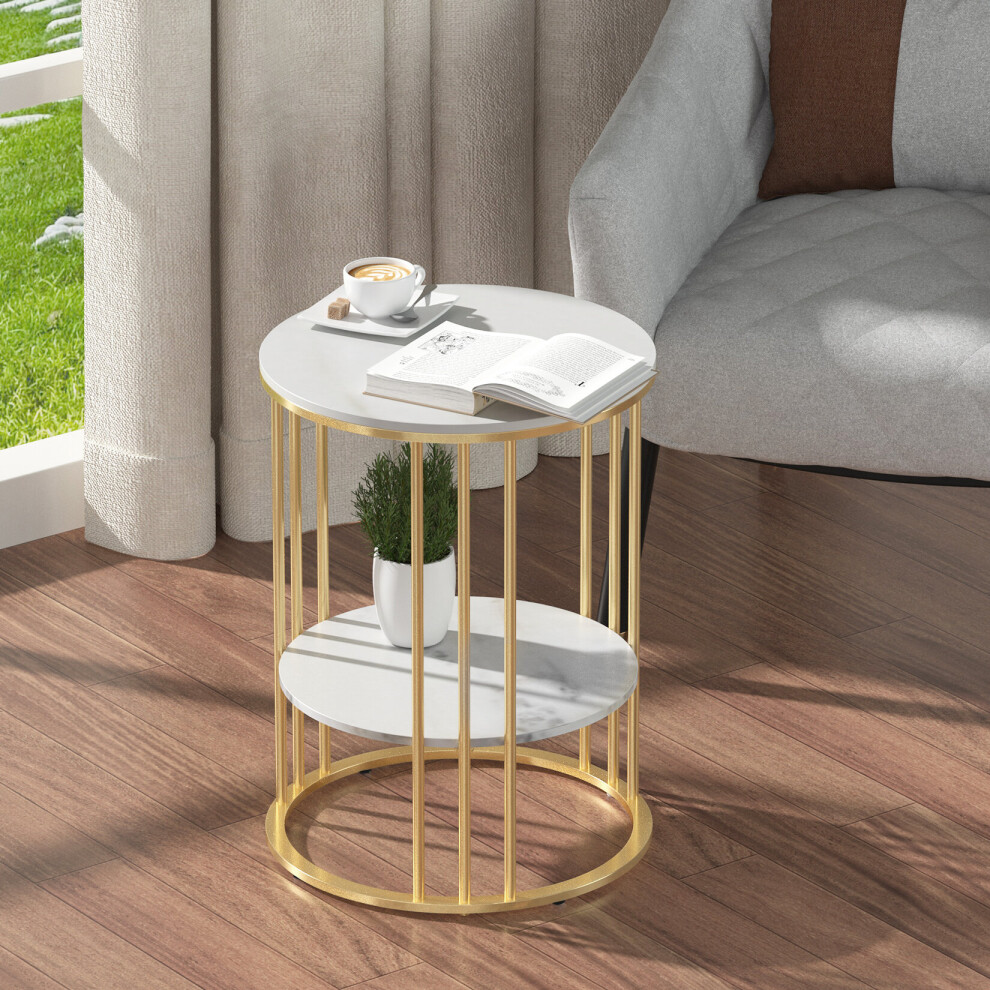 (Goden Legs White Top 2 Tier) Marble Coffee Table Modern Round Side End Table