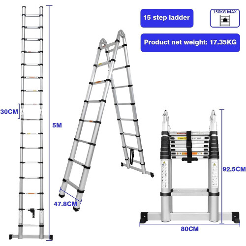 (5M Telescopic Ladder A-Frame with Stabiliser Bar Multi-purpose Folding ...