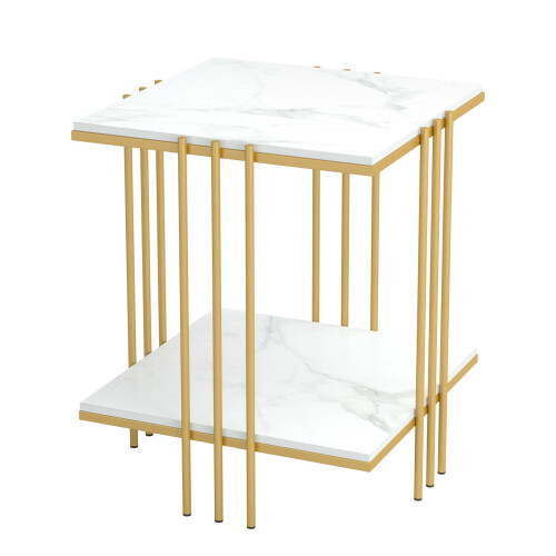 (Gold Frame White Top) Metal Frame Square Coffee Table Sofa Side Table 2