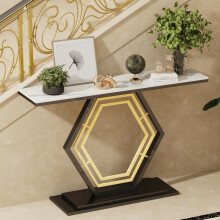 (White Grey) Marble Console Entryway Table Hexagon Metal Frame