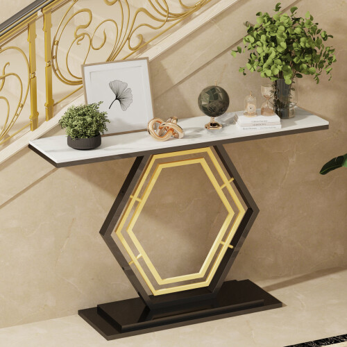 (White Grey) Marble Console Entryway Table Hexagon Metal Frame