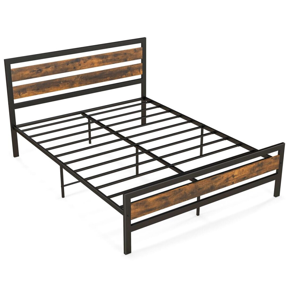 King Bed Frame Industrial Metal Platform Bed w/ Headboard & Footboard