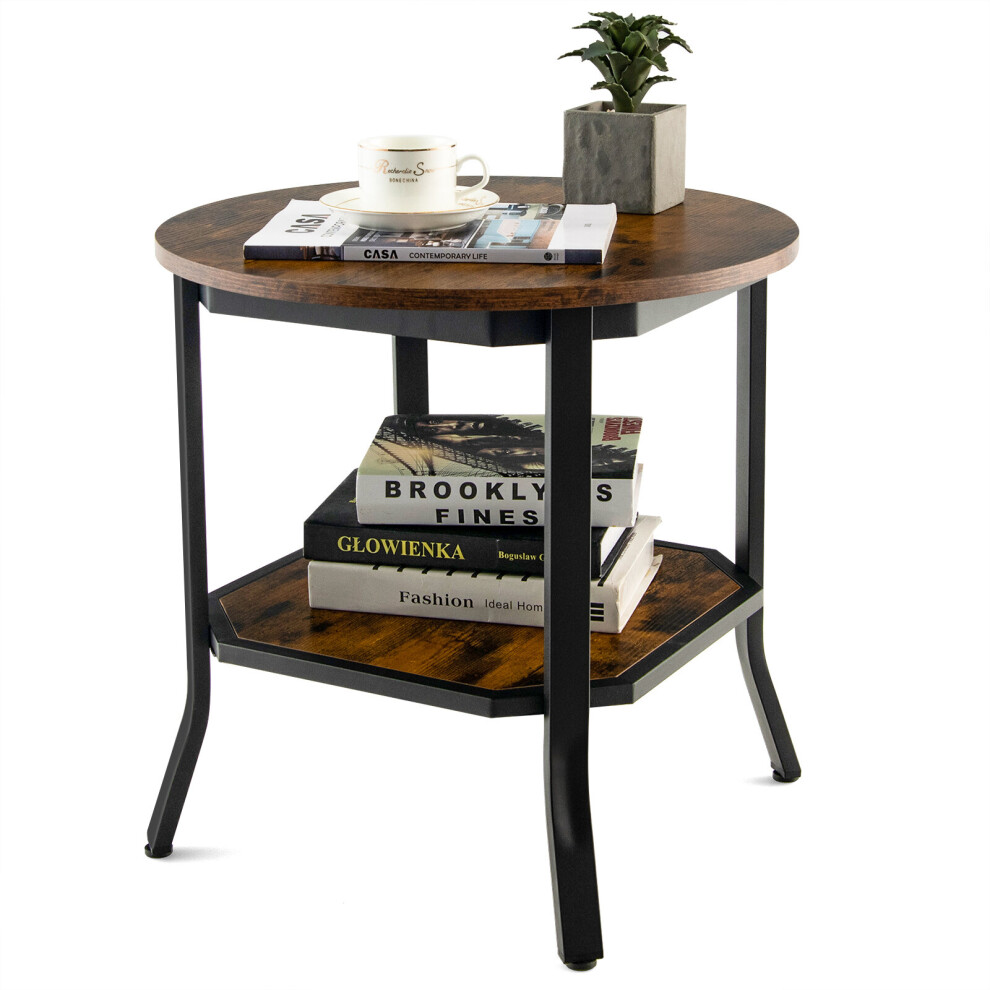 Wooden Round Side Table Industrial 2-Tier Sofa Bedside Table w / Shelf