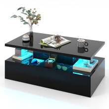 2-Tier Coffee Table Modern Center Table w/ Adjustable LED Light Remote