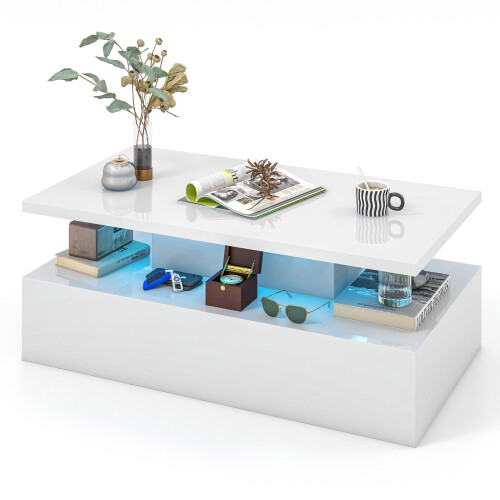 Costway 2-Tier Coffee Table Modern Center Table w/ Adjustable LED Light Remote
