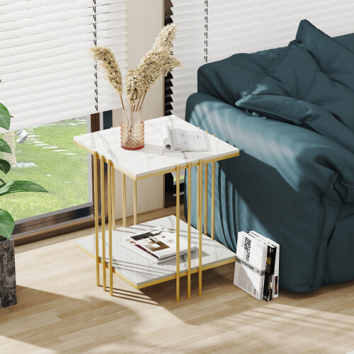 (Gold Frame White Top) Metal Frame Square Coffee Table Sofa Side Table 1