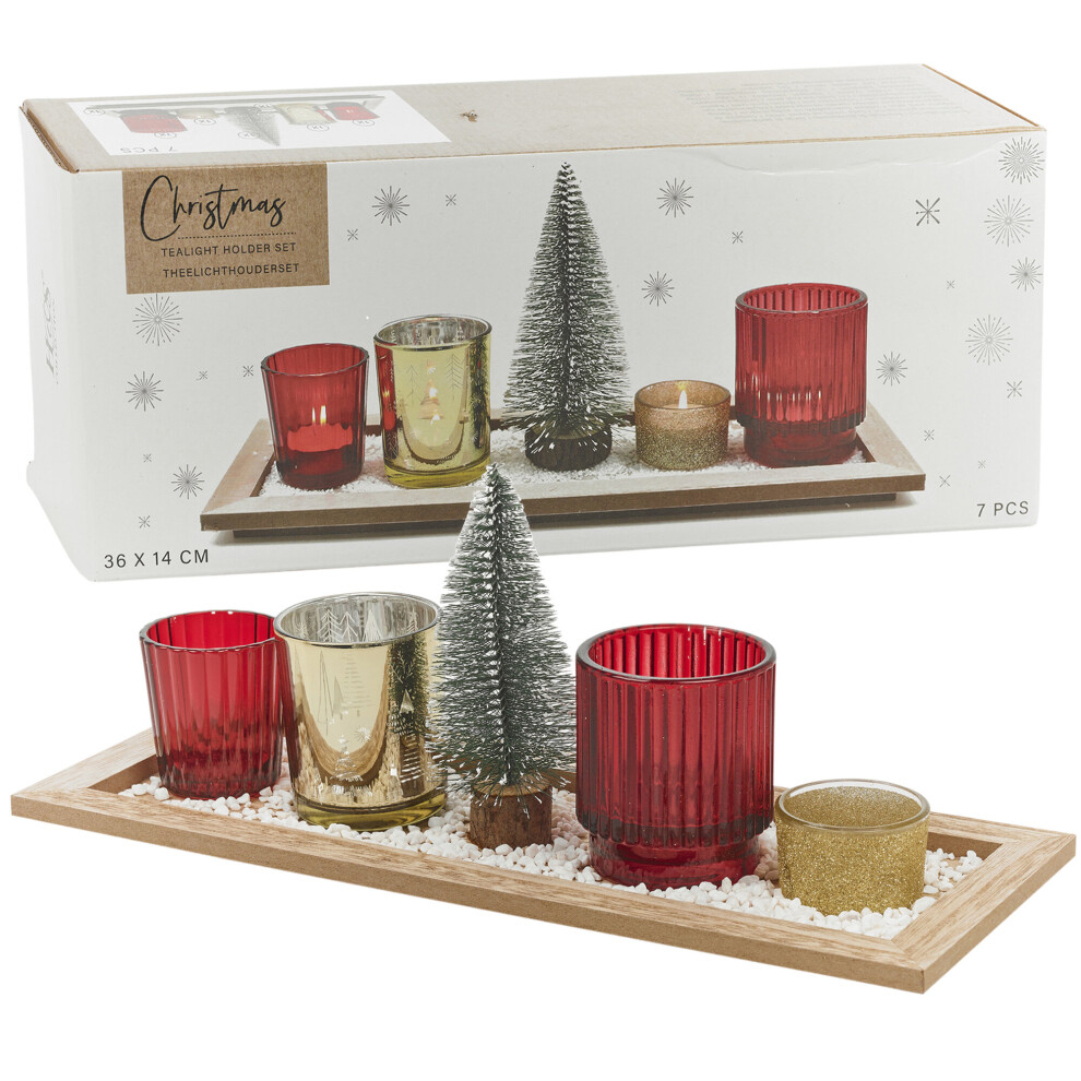 7Pc Christmas Red Gold Glass Tealight Candle Holder Tree Set Snow Tray