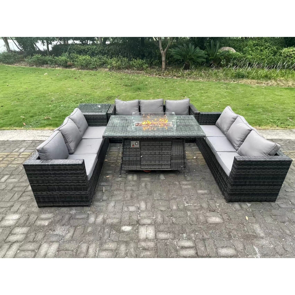 9 Seater Rattan Garden Furniture Sofa Set Outdoor Patio Gas Fire Pit Dining Table Gas Heater Burner