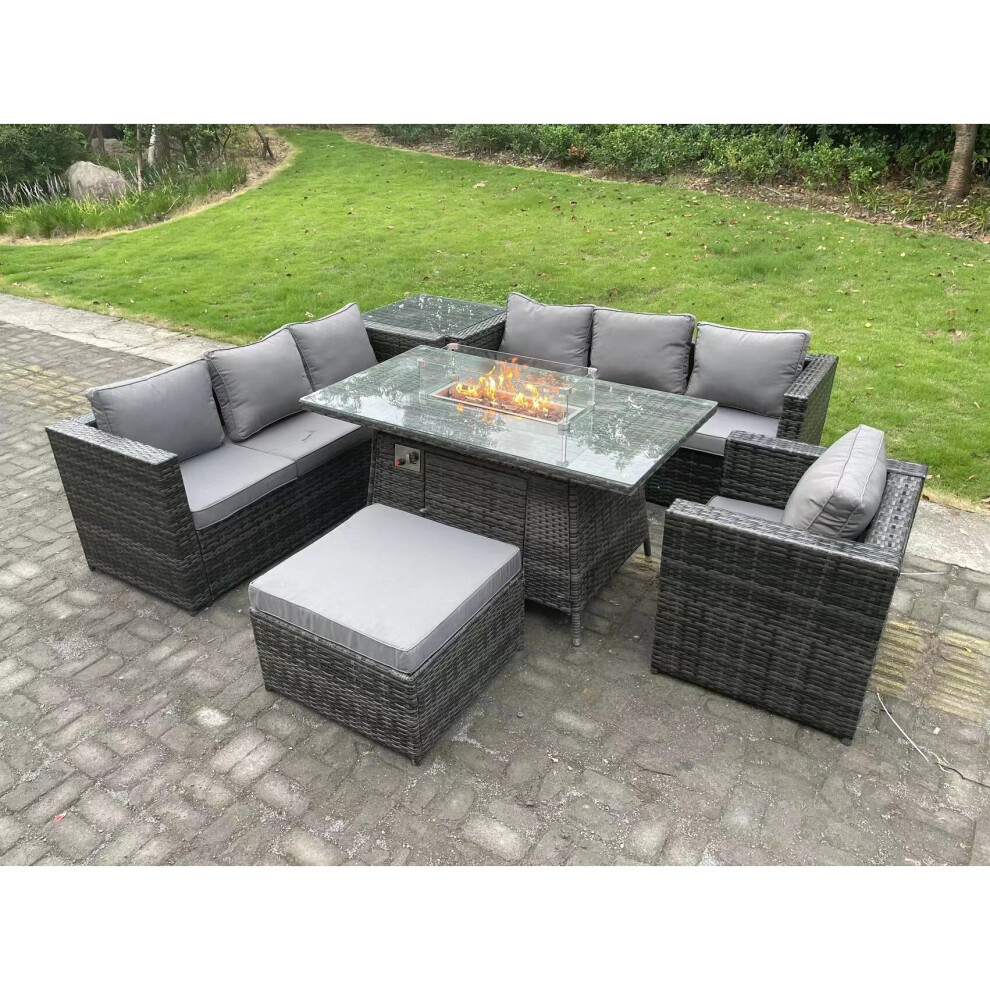 Fimous Rattan Garden Furniture Sofa Set Outdoor Patio Gas Fire Pit Dining Table Gas Heater Burner Side Table
