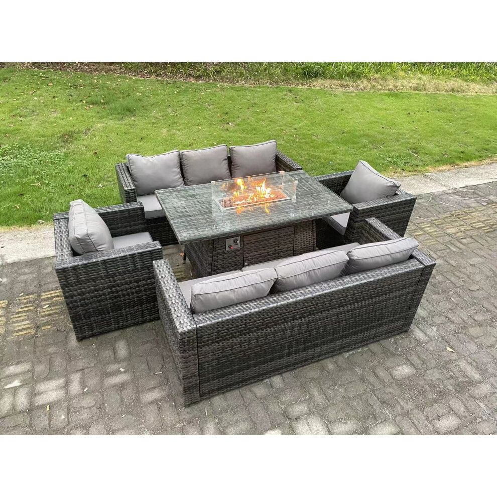 8 Seater Rattan Garden Furniture Sofa Set Outdoor Patio Gas Fire Pit Dining Table Gas Heater Burner