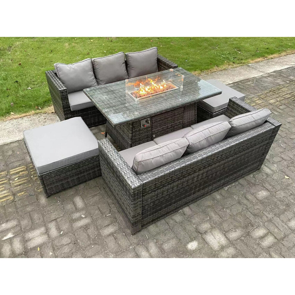 Fimous 8 Seater Outdoor Rattan Garden Furniture Sofa Set Gas Fire Pit Dining Table Gas Heater Burner Footstool