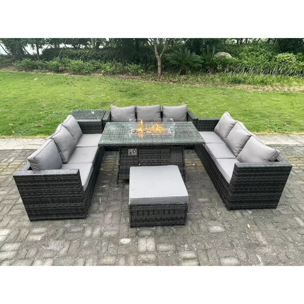 Fimous 10-Seater Rattan Sofa Set With Gas Fire Pit Dining Table - Dark Grey - Image 3