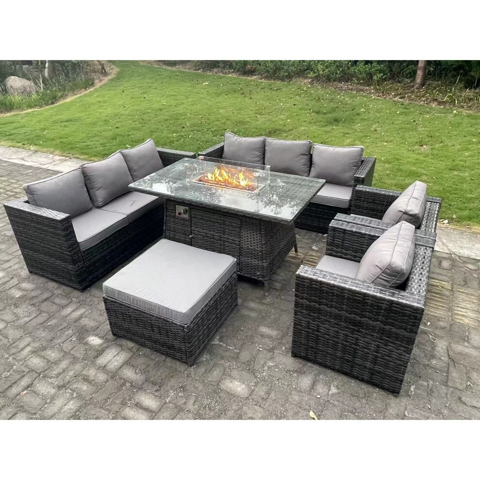 Fimous 9 Seater Outdoor PE Rattan Garden Furniture Set Gas Fire Pit Dining Table Gas Heater Burner Dark Grey