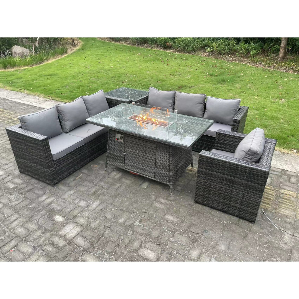 7 Seater Rattan Garden Furniture Sofa Set Outdoor Patio Gas Fire Pit Dining Table Gas Heater Burner