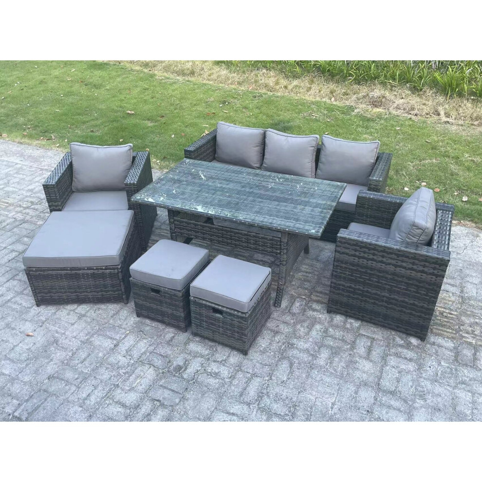 Rackhams Dark/Grey Outdoor Garden Furniture Set Patio Rattan Rectangular Dining Table Lounge Sofa Chair With Big Footstool 2 Small Stools Mixed - Image 3
