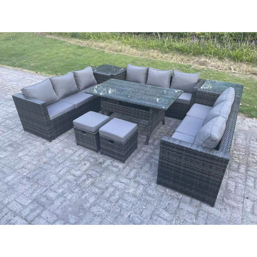 Fimous PE Wicker Garden Furniture Rattan Sofa Set Patio Rectangular Dining Table with 2 Small Footstool 2 Side Table 11 Seater