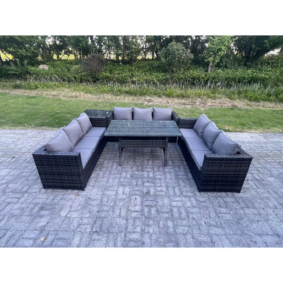 Fimous Outdoor Wicker Garden Furniture Rattan Lounge Sofa Set Patio Rectangular Dining Table with Side Table 9 Seater Dark Grey