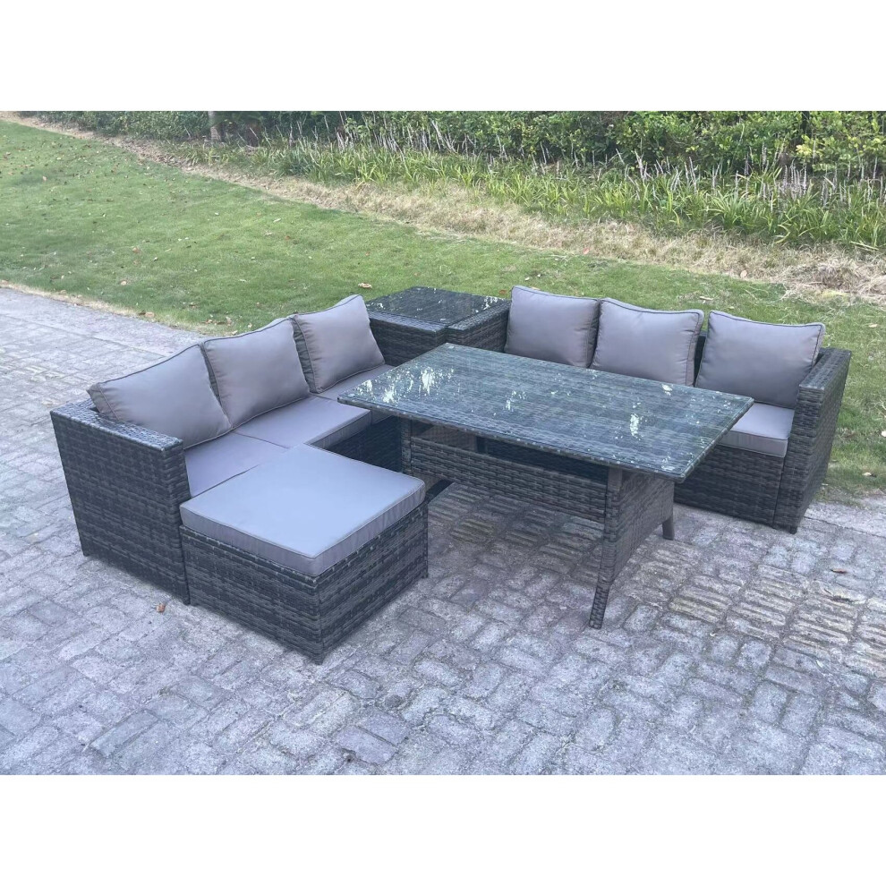 Fimous Pe Wicker Outdoor Garden Furniture Set Patio Rattan Rectangular Dining Table Lounge Sofa With Big Footstool Side Table