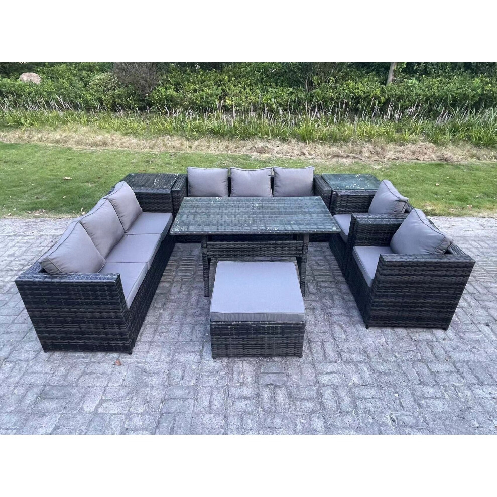 Rackhams Dark/Grey 9 Seater Mixed Rattan Outdoor Lounge Set - Rectangular Dining Table, 2 Armchairs, 2 Side Tables & Stool - Image 3