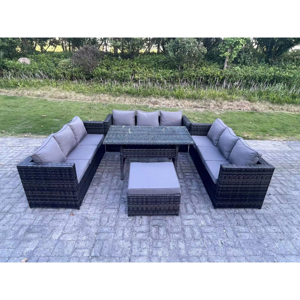 Fimous Dark/Grey Outdoor Wicker Garden Furniture Rattan Lounge Sofa Set Patio Rectangular Dining Table With Big Footstool 10 Seater Mixed - Image 3