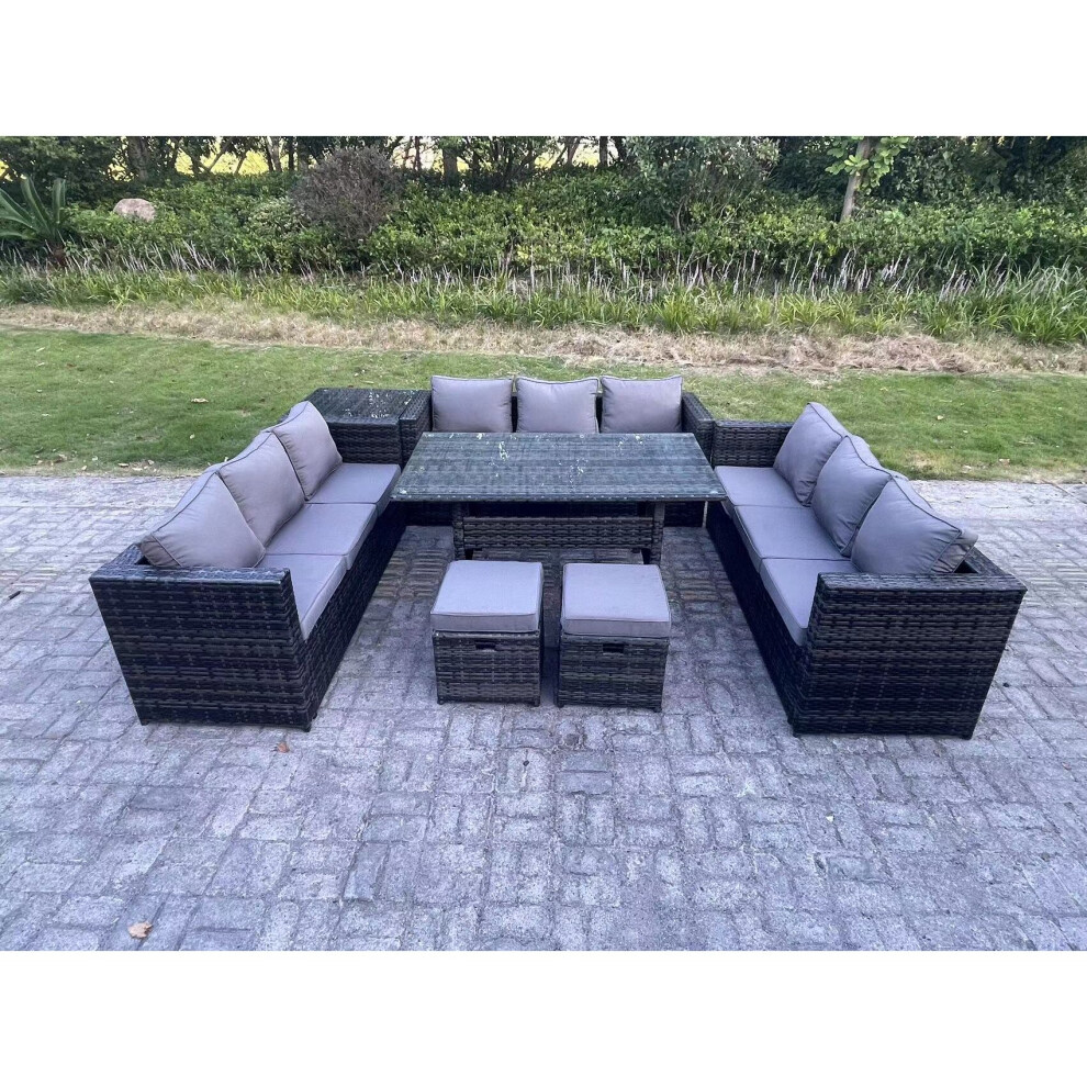 Rackhams Dark/Grey 11-Seater Pe Wicker Rattan Outdoor Lounge Set | Rectangular Dining Table, 2 Footstools, Side Table - Image 3