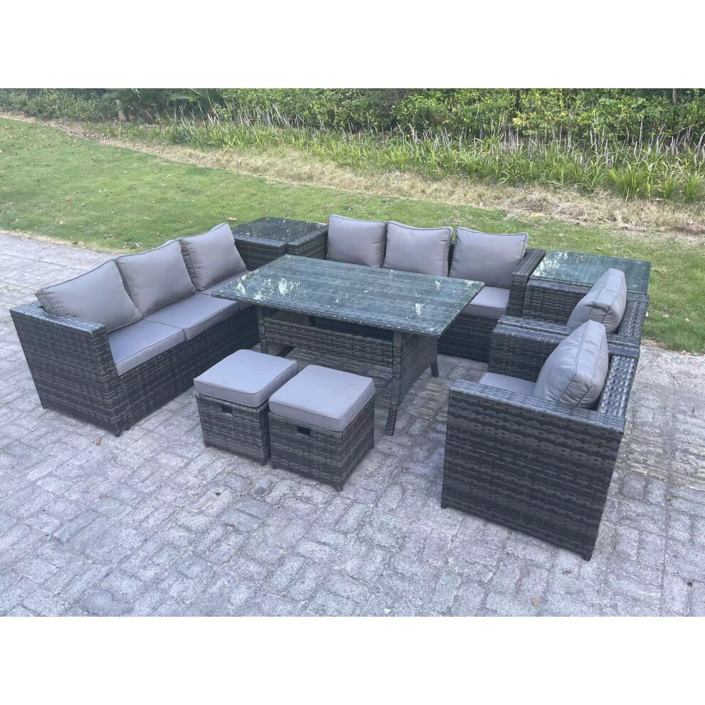 Fimous 10 Seater Garden Furniture Rattan Lounge Sofa Set Patio Rectangular Dining Table With 2 Armchair 2 Side Table 2 Stools Grey
