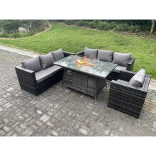 Fimous 7-Seater Outdoor Rattan Sofa Set with Gas Fire Pit Dining Table and Heater Burner - Durable, Weatherproof, Easy Assembly