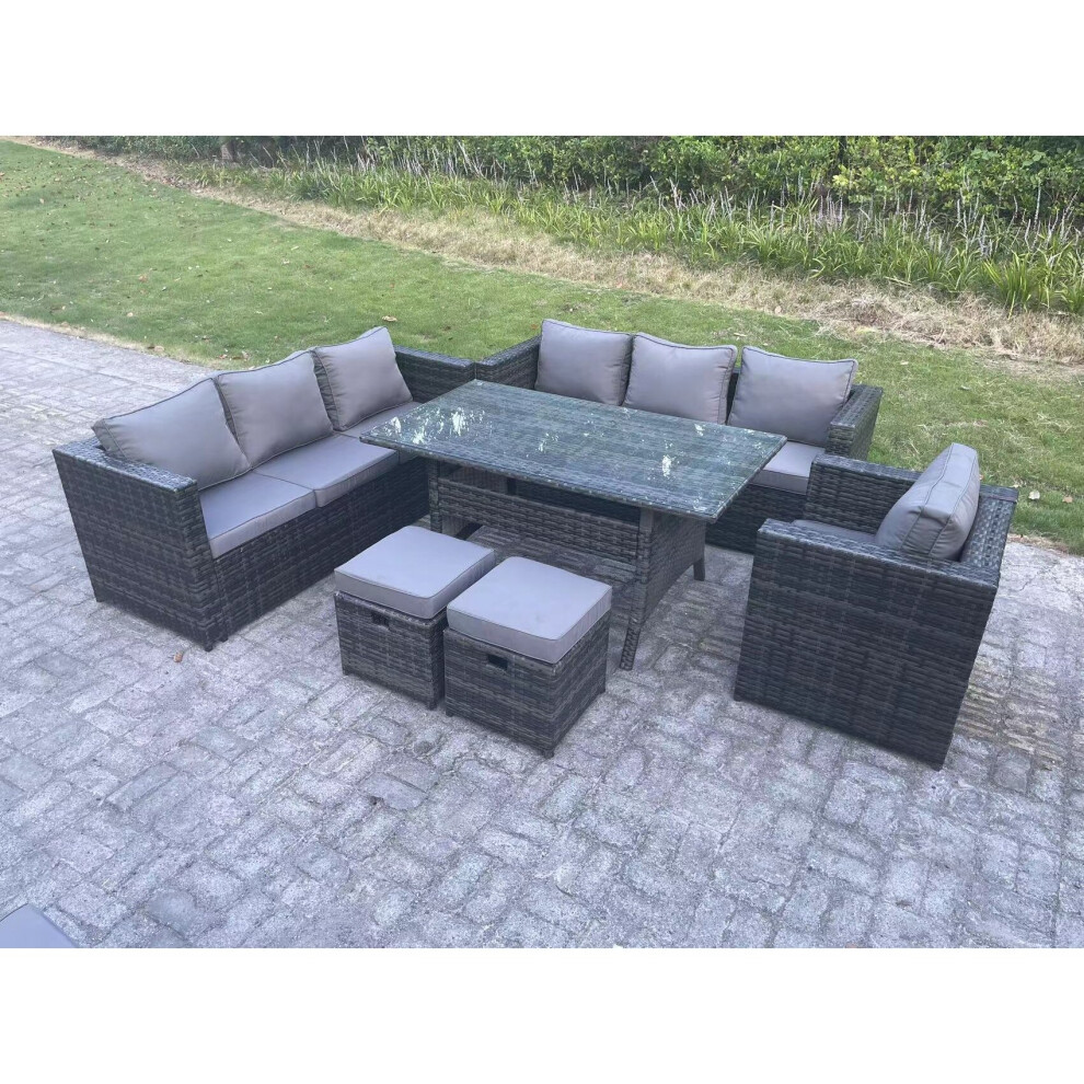 Fimous Unisex Dark Grey Lounge Sofa Garden Furniture Set Rattan Rectangular Dining Table Patio Chair With 2 Footstool 9 Seater In Small - Image 3