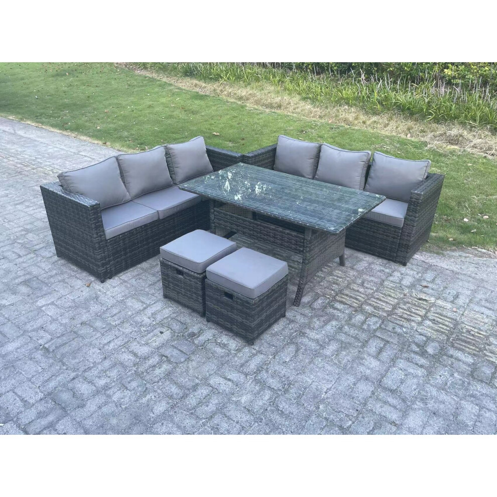 Fimous PE Wicker Outdoor Garden Furniture Set Patio Rattan Rectangular Dining Table Lounge Sofa with 2 Small Footstool 8 Seater