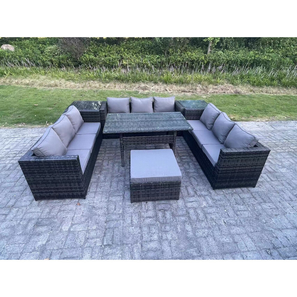 Fimous 10-Seater Rattan Lounge Sofa Set With Dining Table, Side Tables - Dark Grey - Image 3