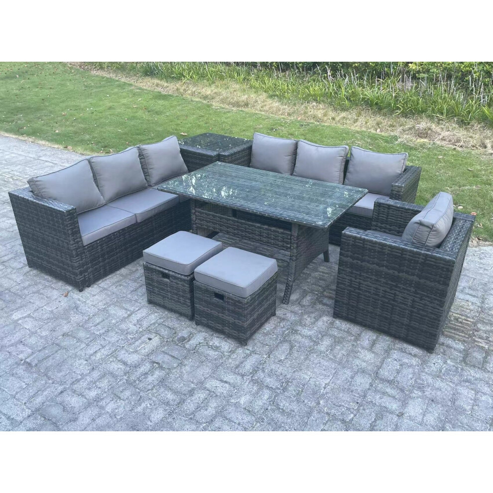 Fimous 9-Seater Rattan Lounge Sofa Set With Dining Table,Chair - Dark Grey - Image 3