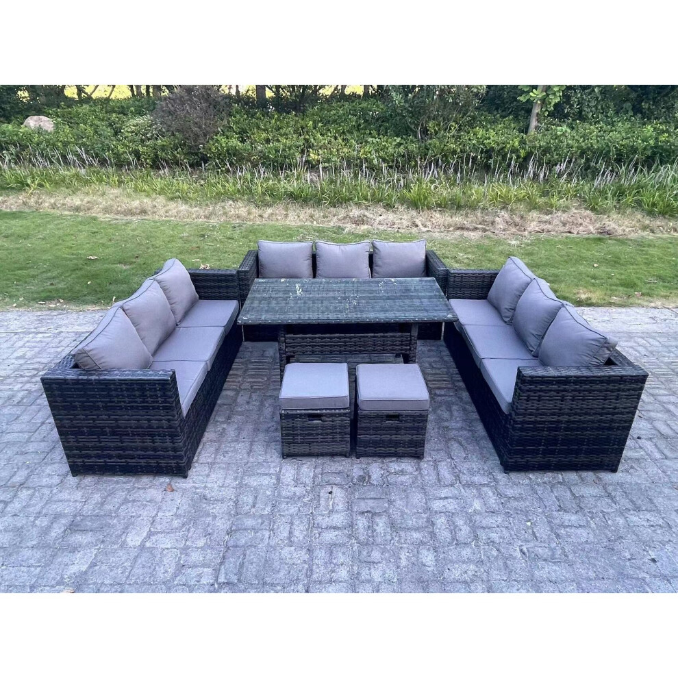Fimous Dark/Grey 11 Seater Outdoor Wicker Garden Furniture Rattan Lounge Sofa Set Patio Rectangular Dining Table With 2 Small Footstool Mixed - Image 3