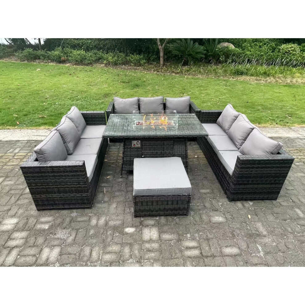 Fimous Rattan Garden Furniture Sofa Set Outdoor Patio Gas Fire Pit Dining Table Gas Heater Burner 10 Seater