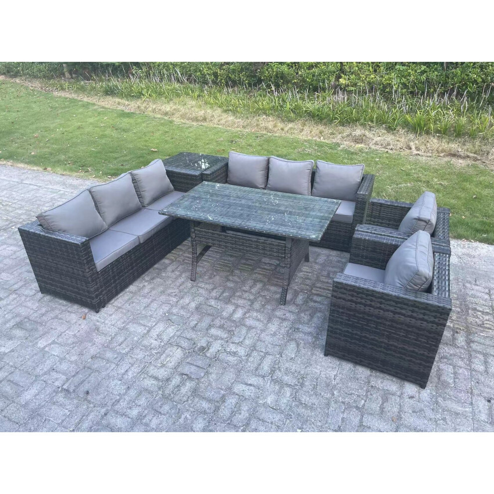 Fimous Outdoor Garden Furniture Rattan Lounge Sofa Set Patio Rectangular Dining Table with 2 Armchair Side Table 8 Seater