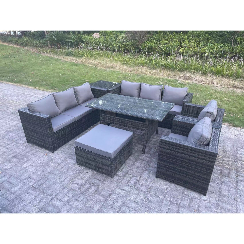 Fimous Garden Furniture Rattan Lounge Sofa Set Patio Rectangular Dining Table With 2 Armchair Side Table Big Footstool 9 Seater
