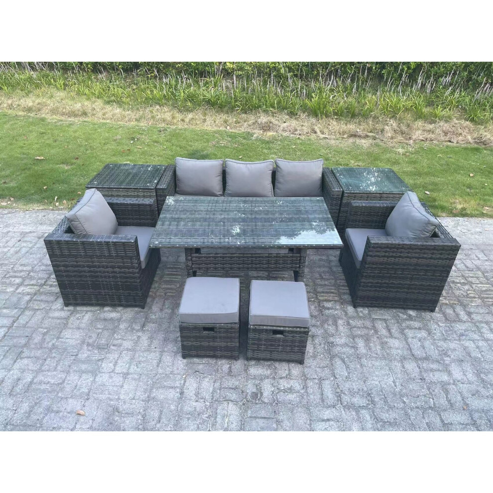 Rackhams Dark/Grey Outdoor Garden Furniture Set Patio Rattan Rectangular Dining Table Lounge Sofa Chair With 2 Side Table 2 Small Stools Mixed - Image 3