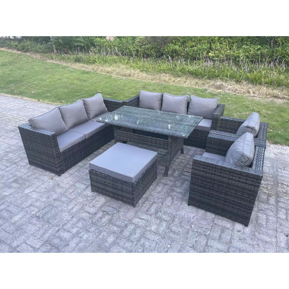 Rackhams Dark/Grey Outdoor Lounge Sofa Garden Furniture Set Patio Rattan Rectangular Dining Table With 2 Armchair Big Footstool 9 Seater Mixed - Image 3