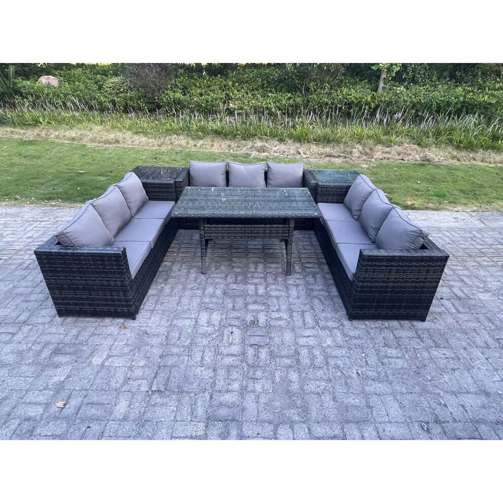 Fimous Wicker Outdoor Garden Furniture Rattan Lounge Sofa Set Patio Rectangular Dining Table With 2 Side Table 9 Seater Dark Grey