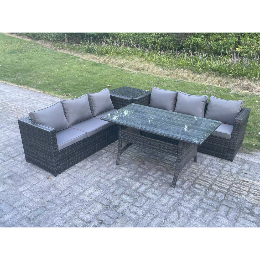 Rackhams Dark/Grey Pe Wicker Outdoor Garden Furniture Set Patio Rattan Rectangular Dining Table Lounge Sofa With Side Table 6 Seater Mixed - Image 3